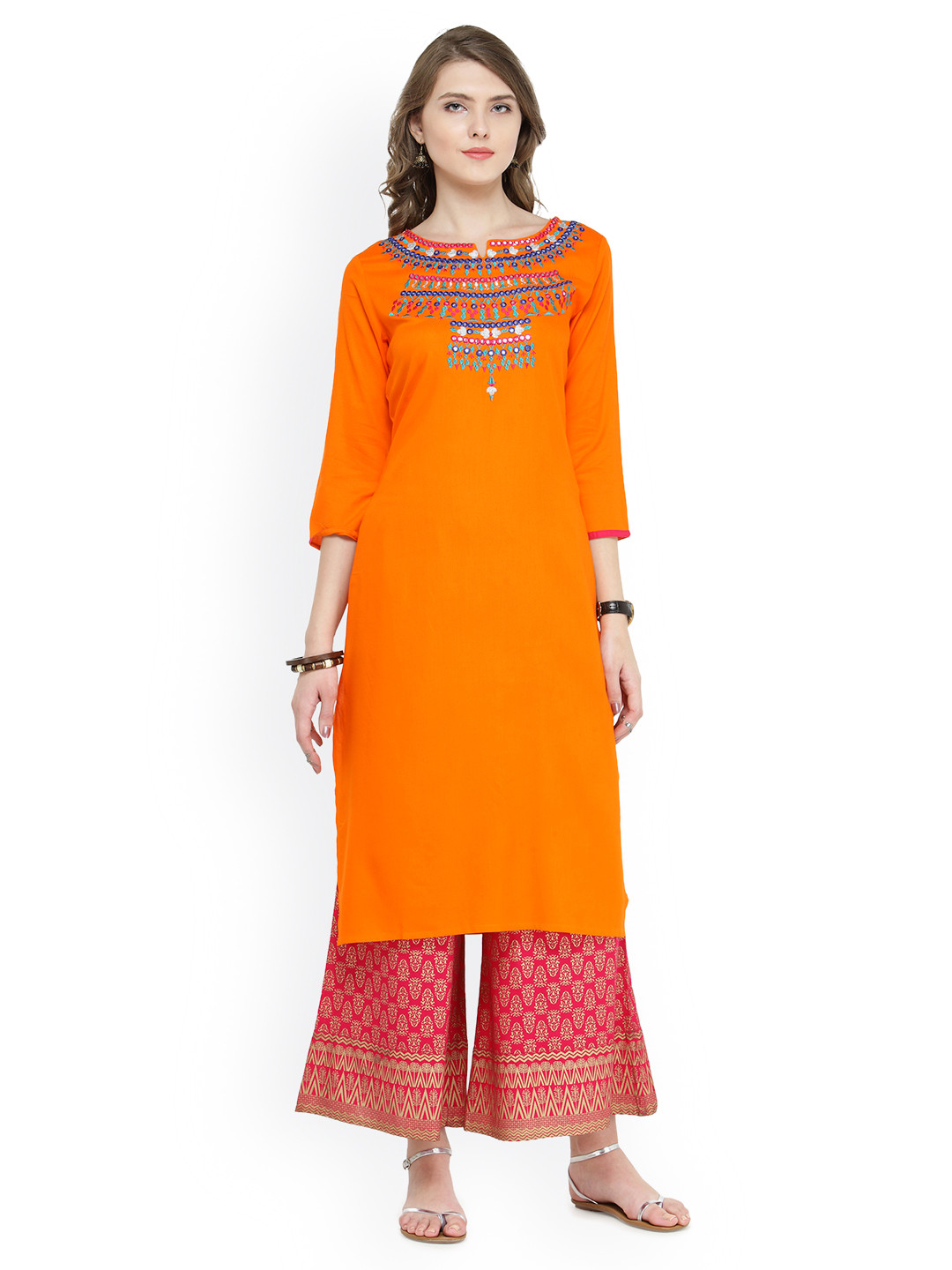 

Varanga Women Orange & Pink Embroidered Kurta with Palazzos