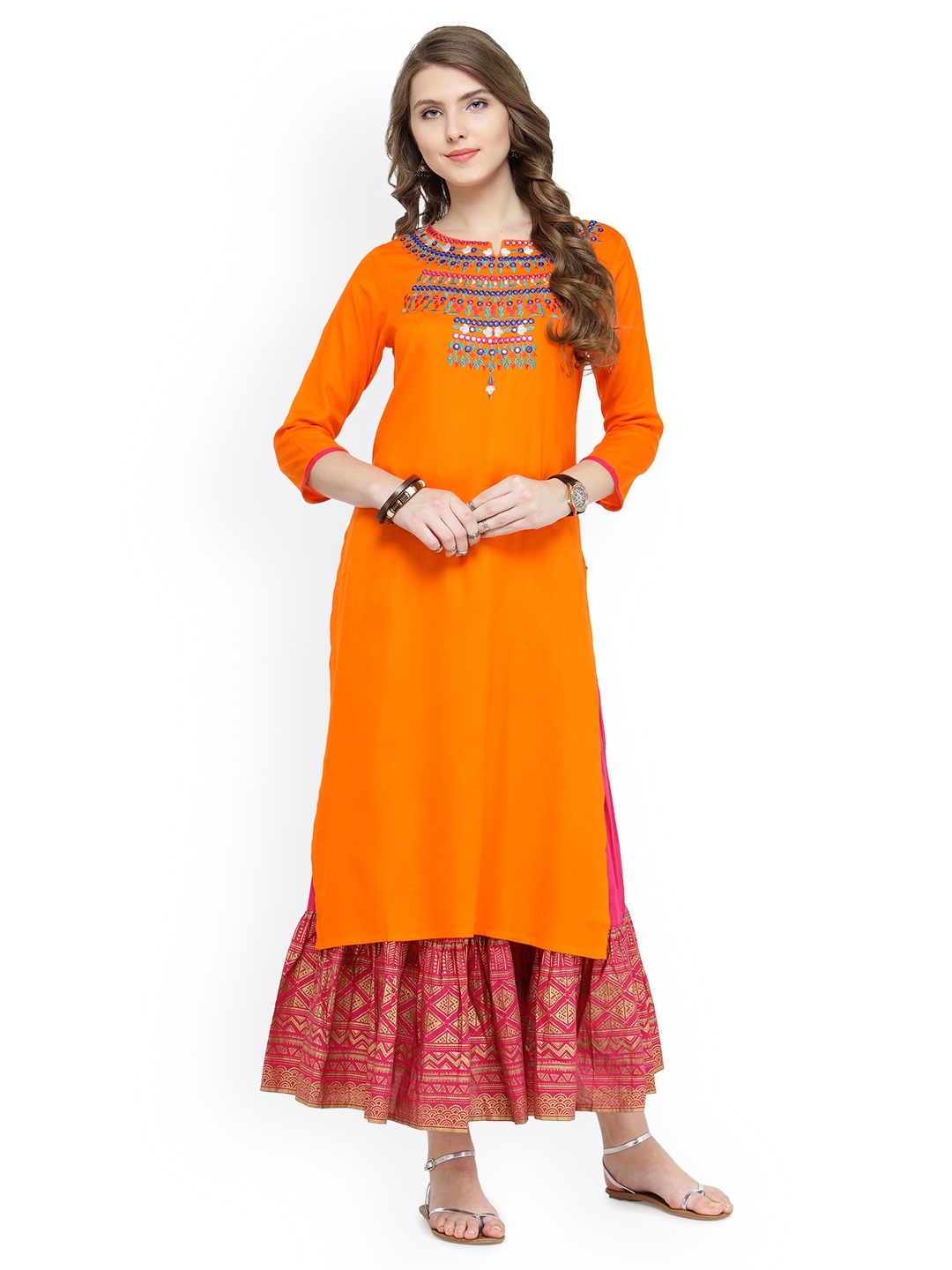 

Varanga Women Orange & Red Embroidered Kurta with Skirt