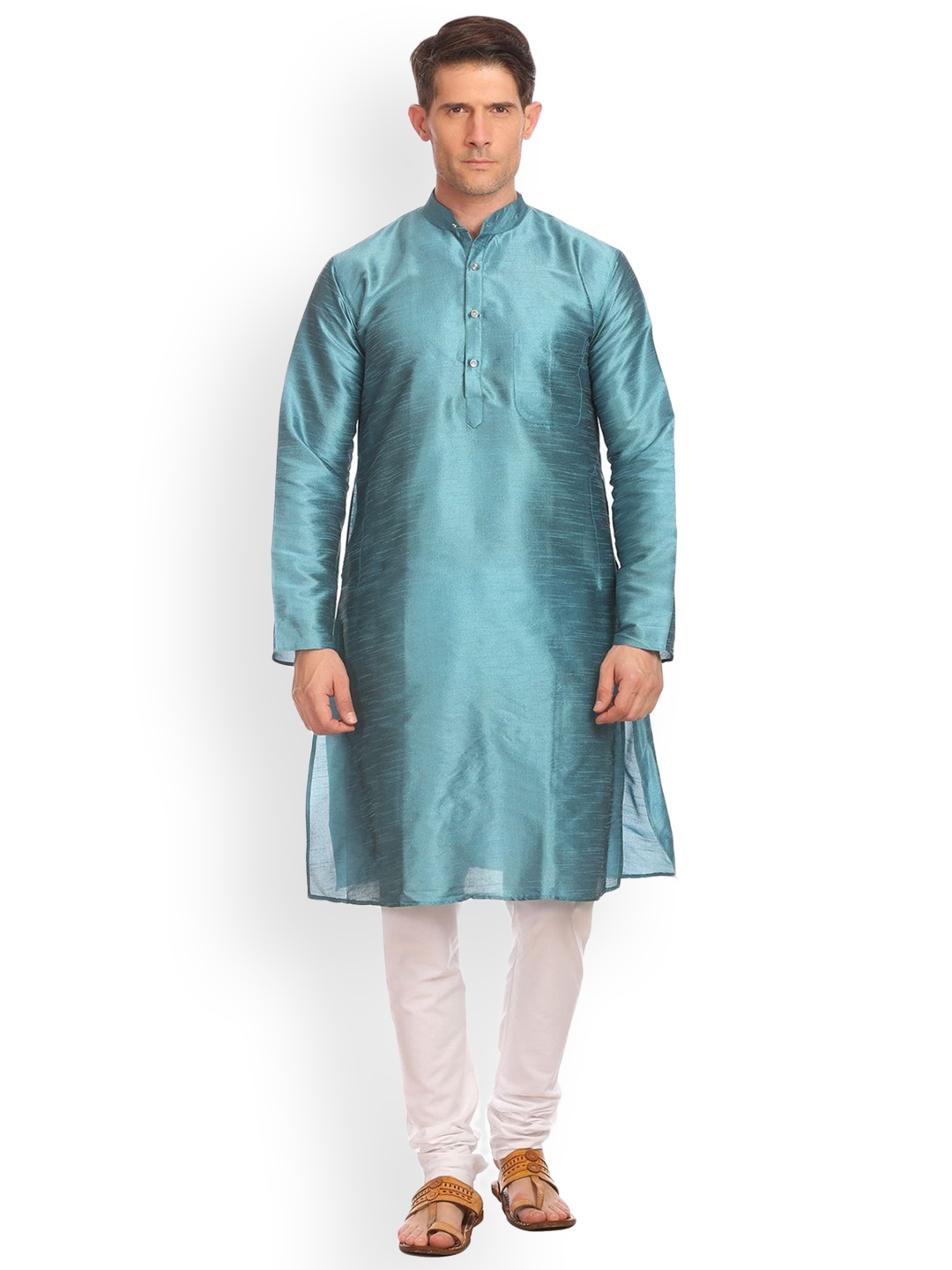 

Wintage Men Teal Solid Straight Banarasi Kurta