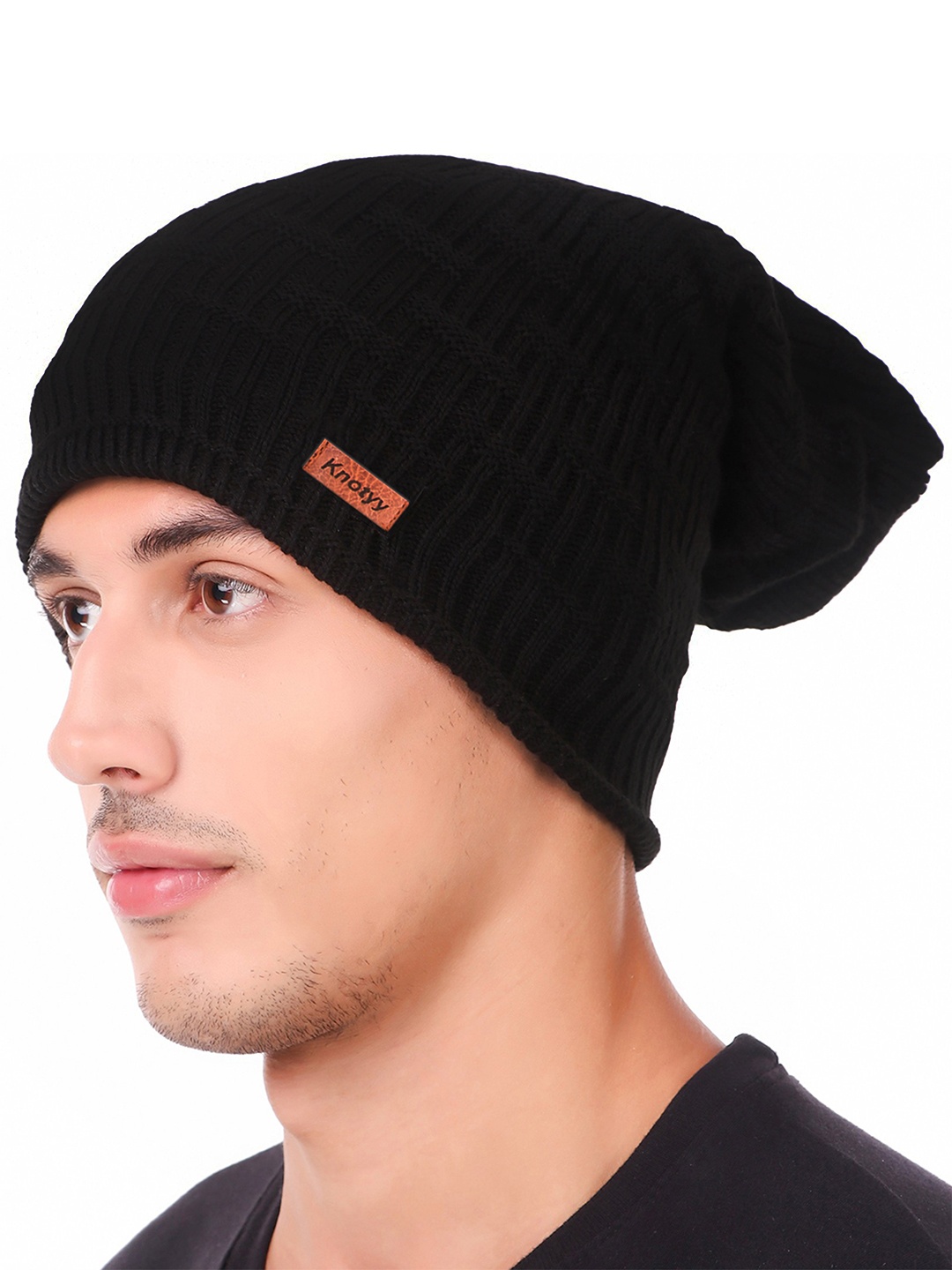 

Knotyy Unisex Black Self Design Beanie