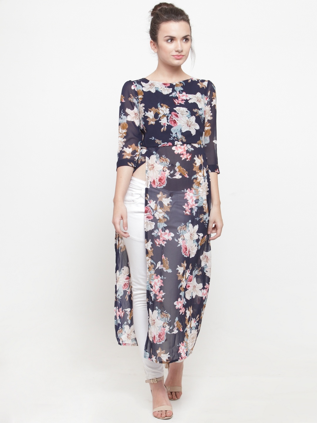 

plusS Studio Blue Floral High Slit Longline Top