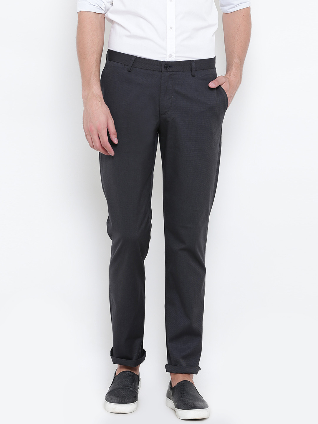 

Blackberrys Men Charcoal Grey & Black B-90A Regular Fit Self-Design Trousers