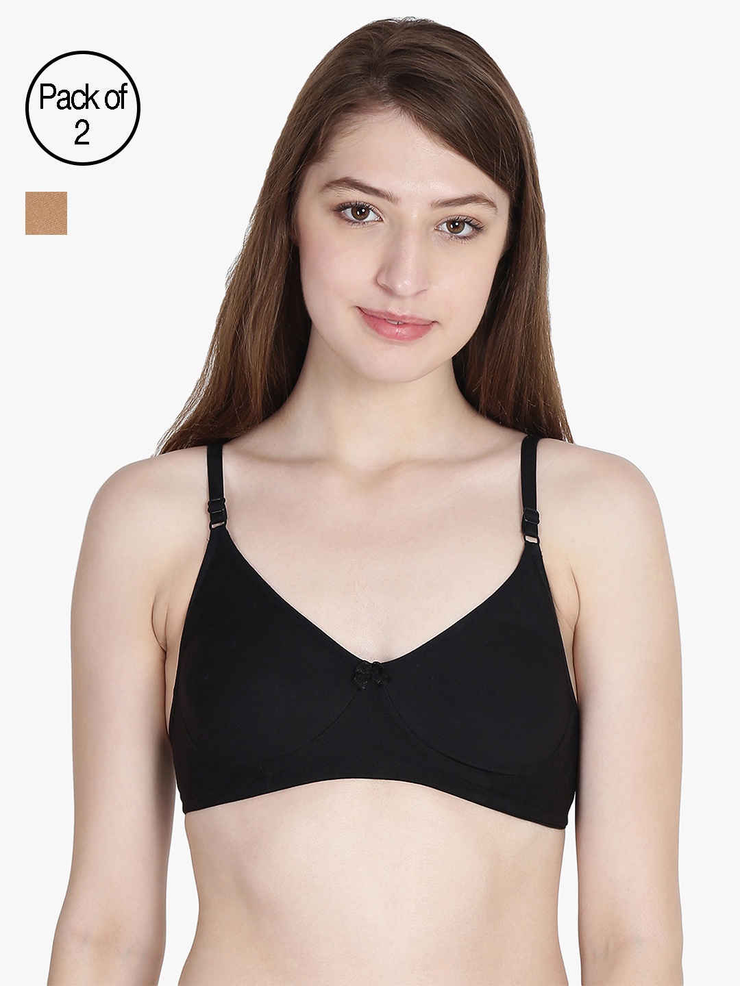 

Leading Lady Pack of 2 Non-Padded Cut & Sew T-shirt With Full Coverage Bras COOL-BLK-SKN, Black