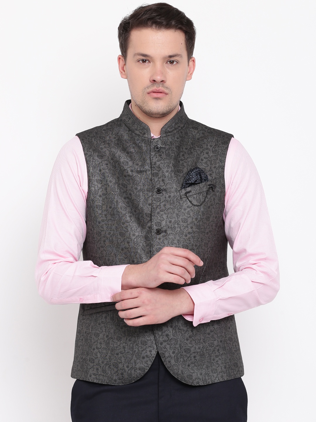 

Blackberrys Grey & Black Self-Design Slim Fit Nehru Jacket