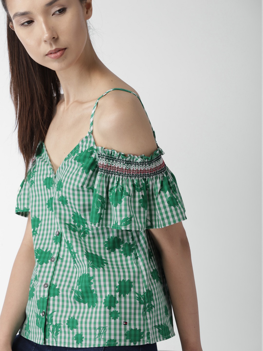 

Tommy Hilfiger Women Green Checked Cold Shoulder Pure Cotton Top
