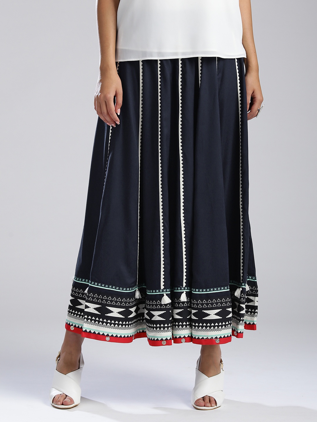 

W Navy Blue & Off-White Striped Flared Maxi Skirt