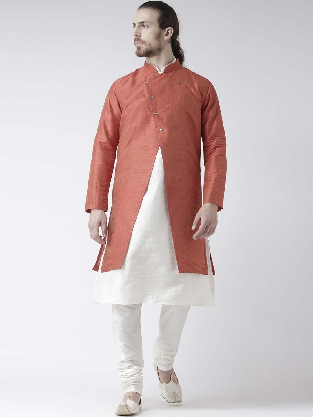 

DEYANN Men Rust Red & Off White Solid Sherwani with Achkan