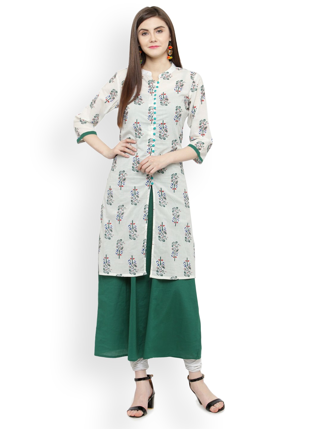 

Geroo Jaipur White & Green Hand Block Printed Cotton Kurta Set