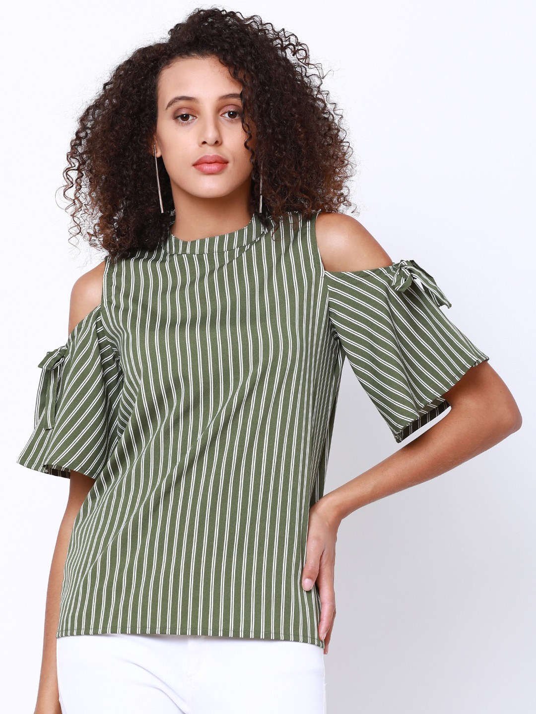 

Tokyo Talkies Women Olive Green Striped Top