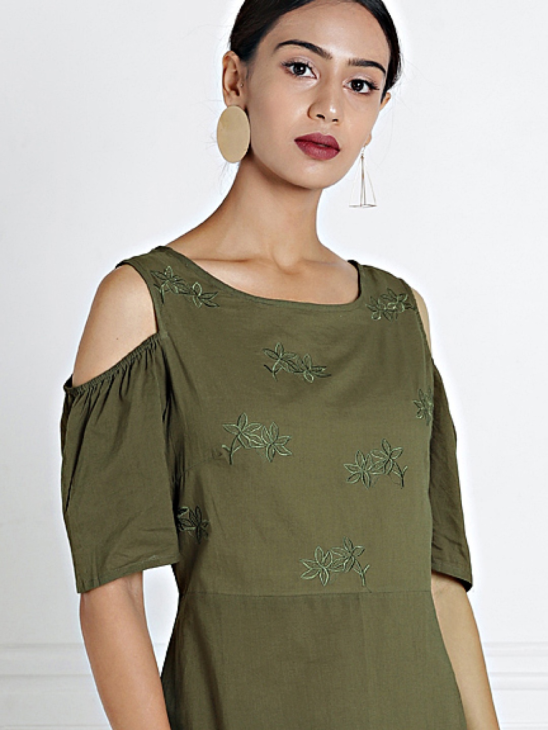 

all about you Women Olive Green Woven Design Embroidered A-Line Kurta