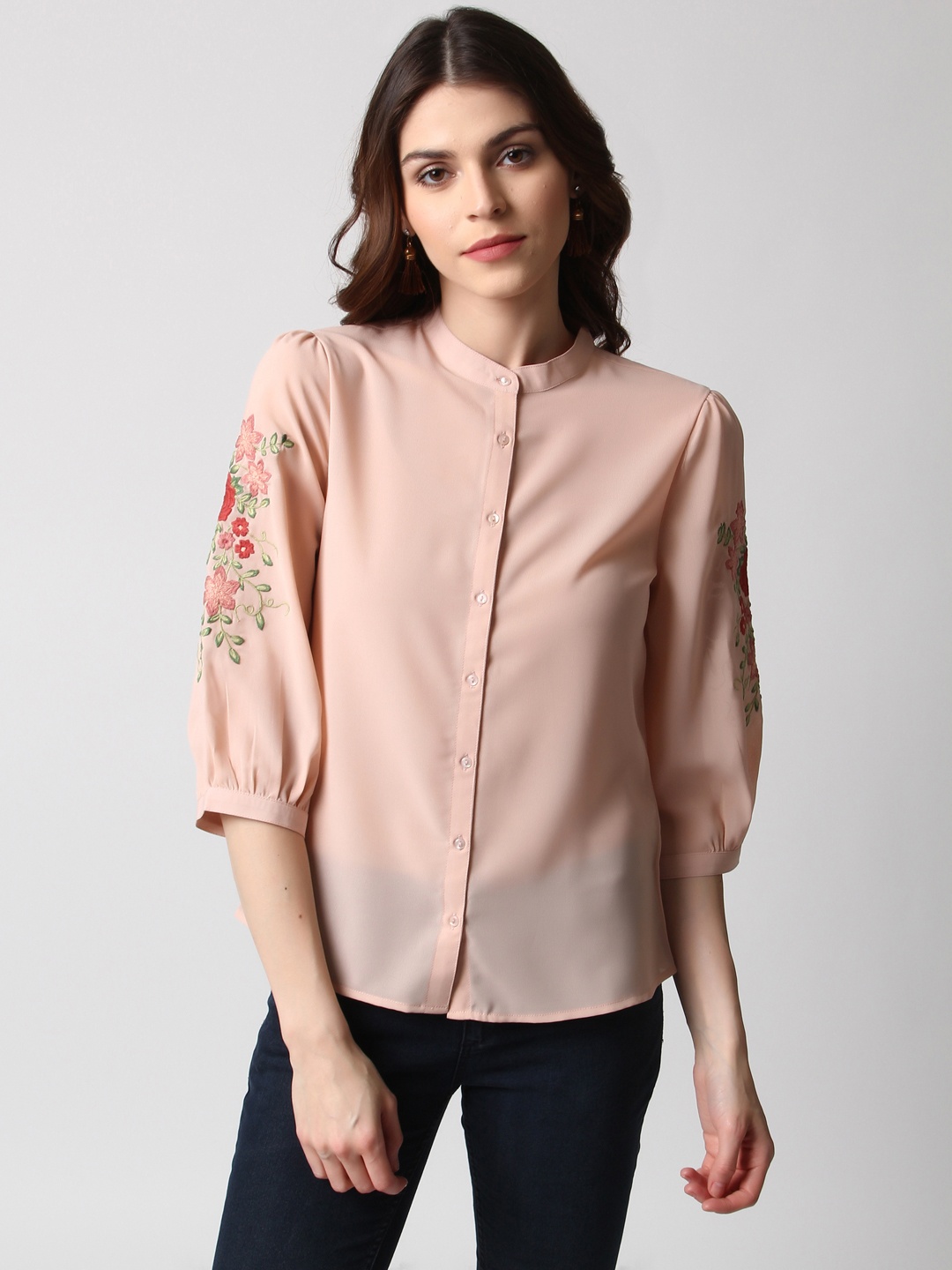

Marie Claire Women Peach-Coloured Solid Regular Fit Embroidered Casual Shirt