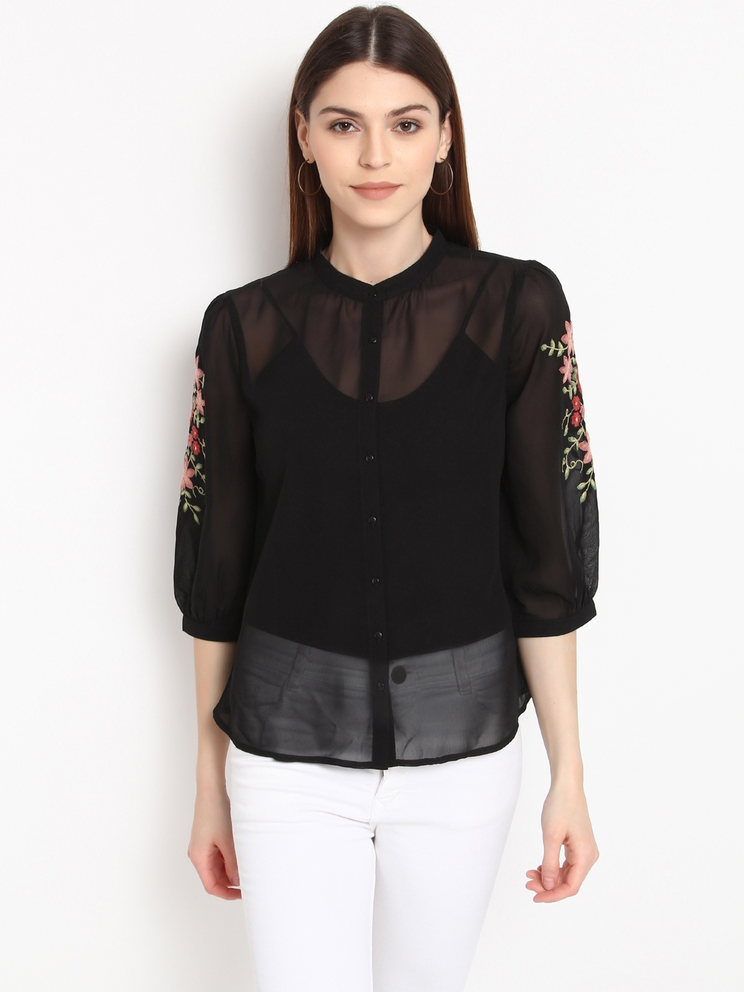 

Marie Claire Women Black Solid Embroidered Casual Shirt