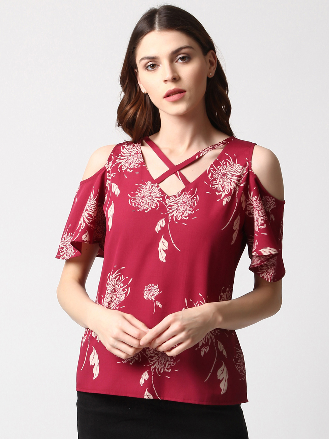 

RARE Women Maroon Printed Cold Shoulder Top