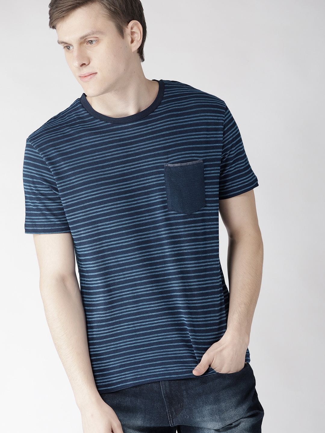 

Celio Men Blue Striped Round Neck T-shirt With Chest Pocket