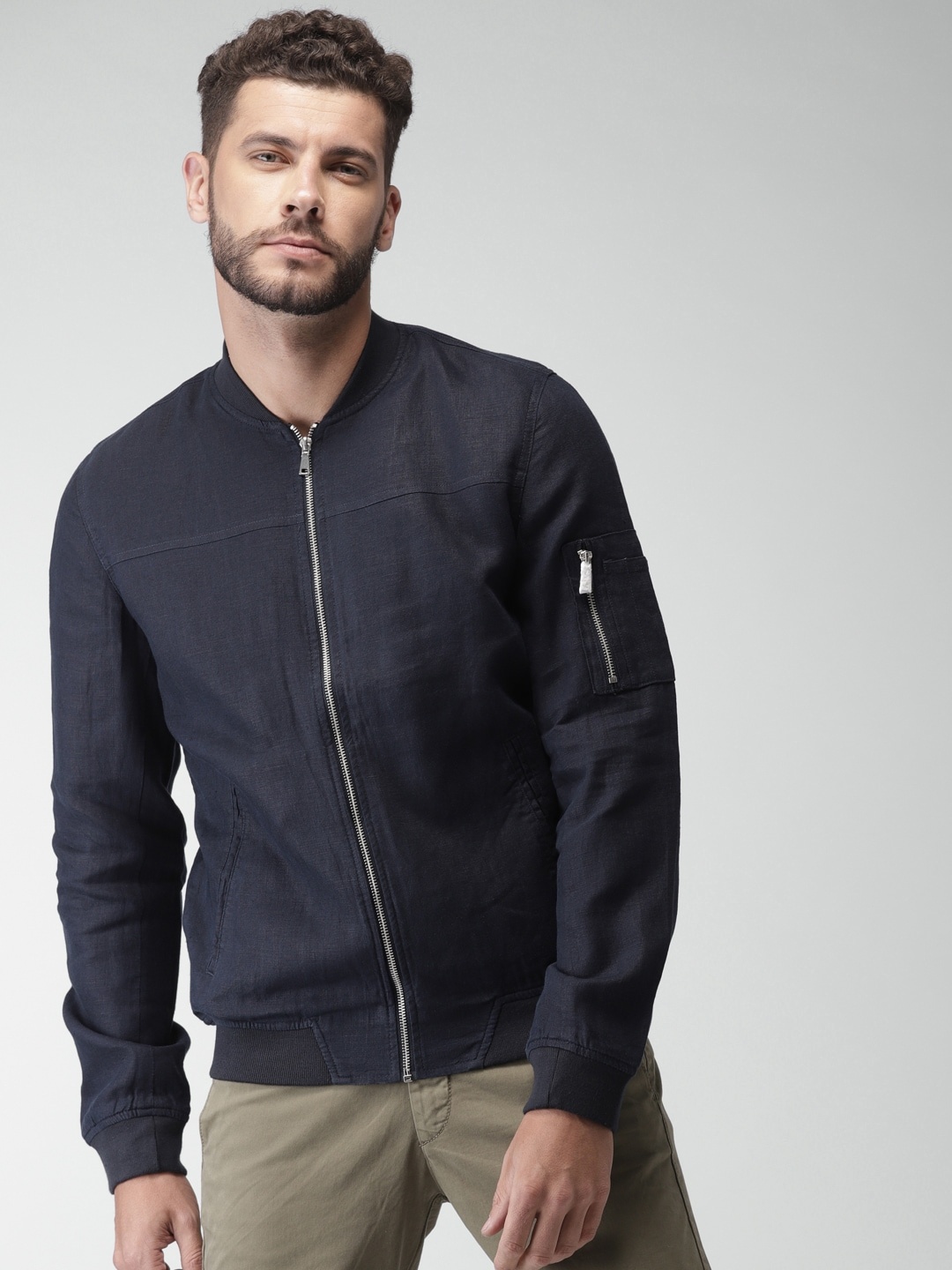 

Celio Men Navy Blue Solid Linen Bomber Sustainable Jacket