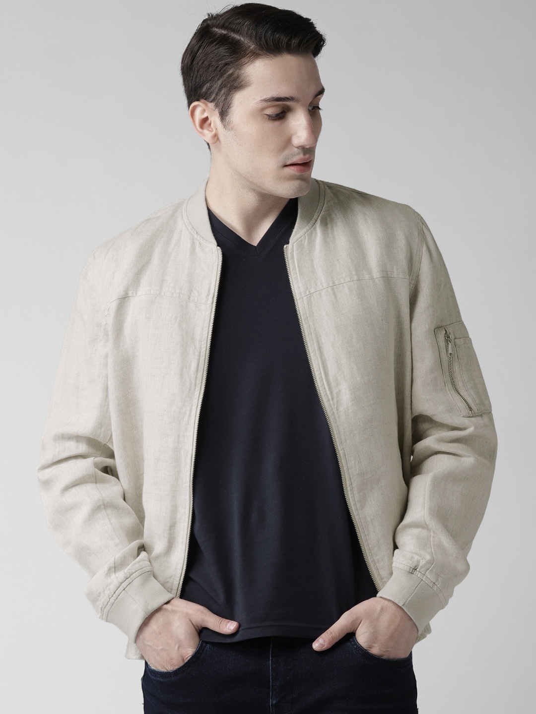 

Celio Men Off-White Solid Linen Bomber Sustainable Jacket