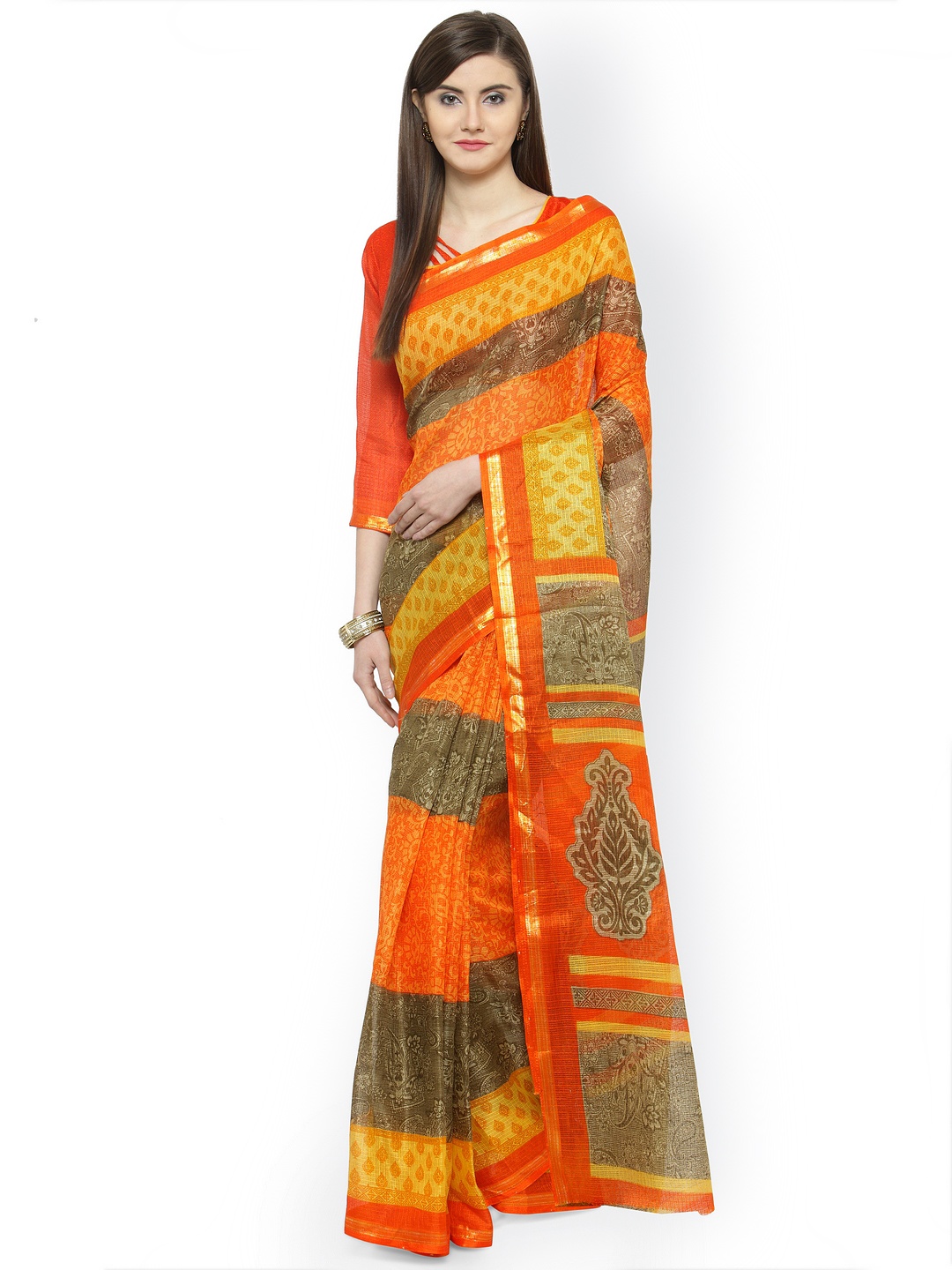

Shaily Orange & Yellow Silk Cotton Printed Saree