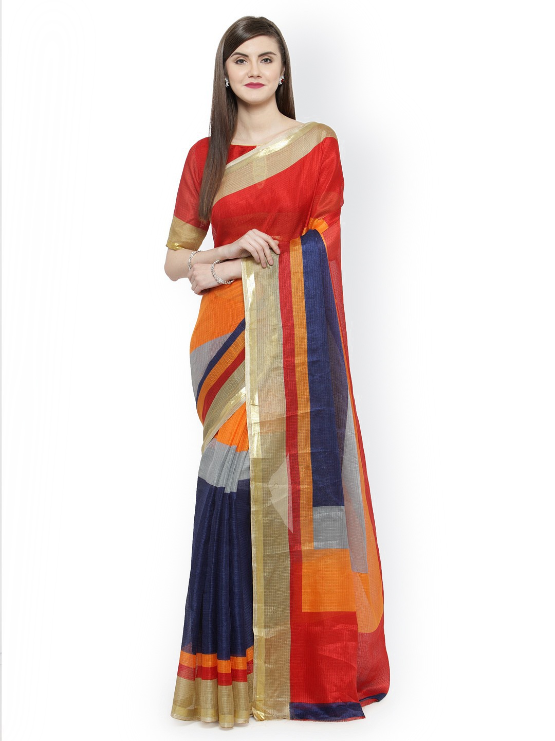 

Shaily Blue & Red Silk Cotton Printed Saree