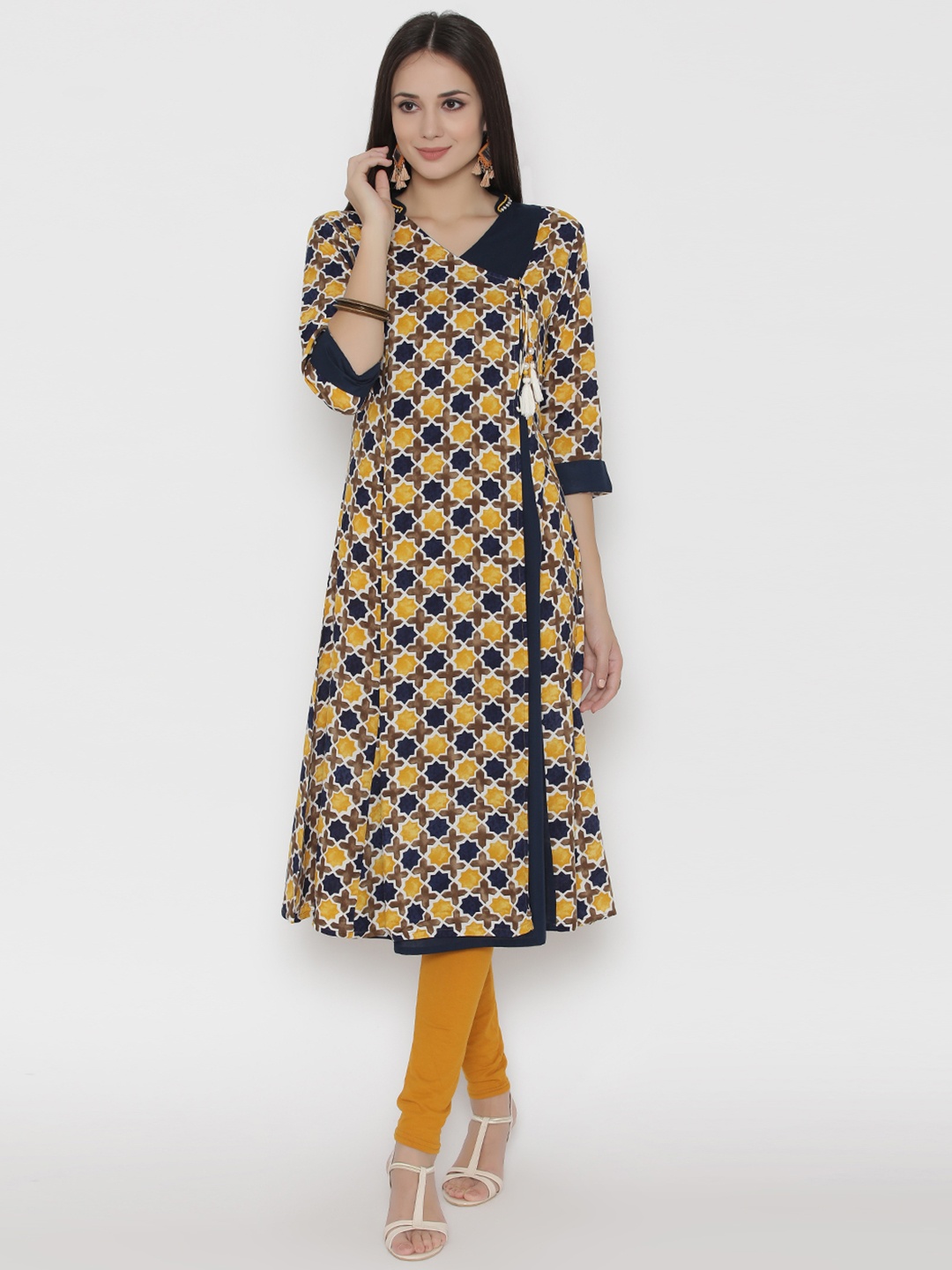 

Shree Women Yellow & Navy Blue Printed Rayon Anghrakha Rayon A-Line Kurta