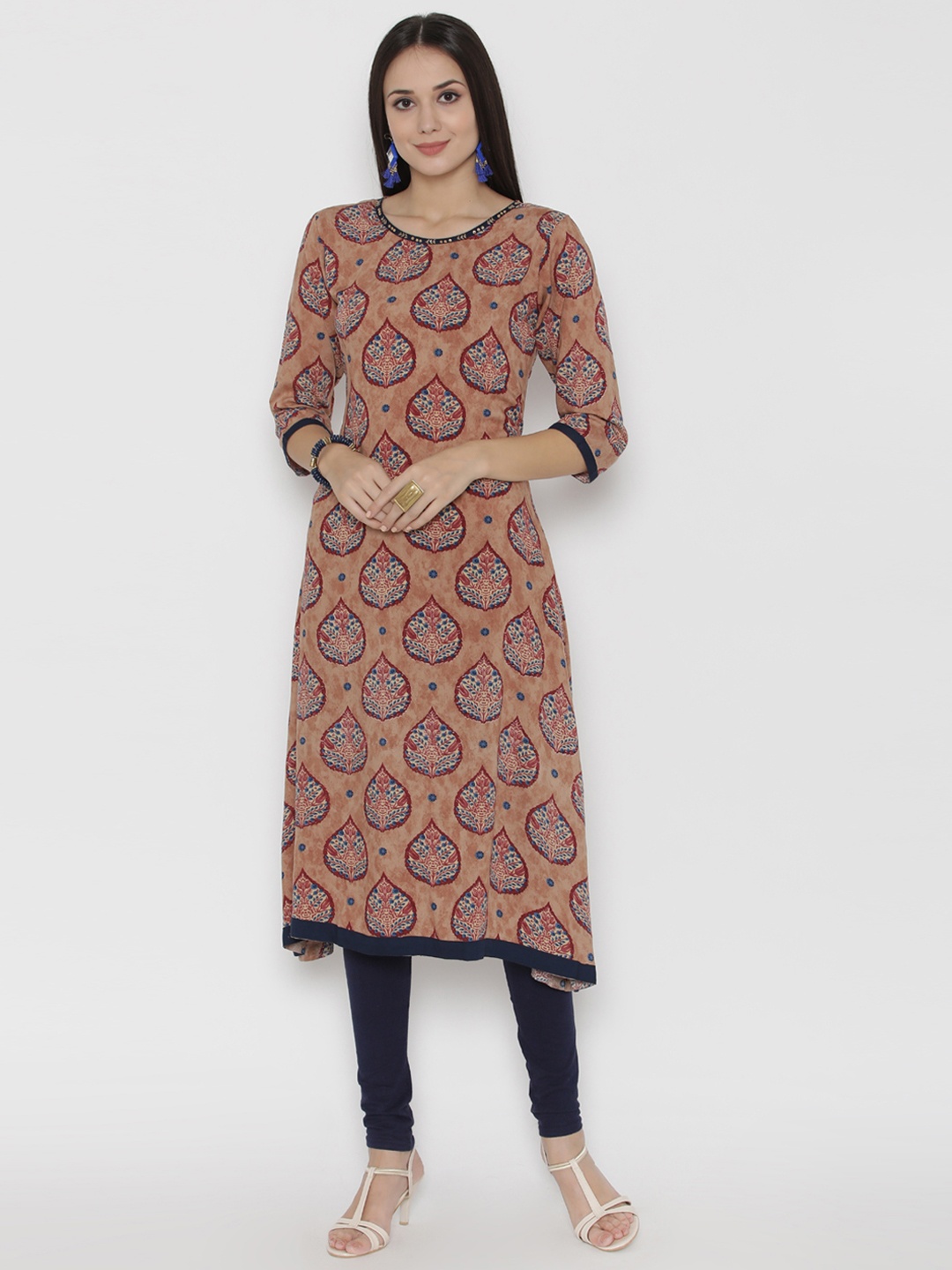 

Shree Women Beige & Navy Rayon Printed Asymmetrical Hem A-Line Kurta