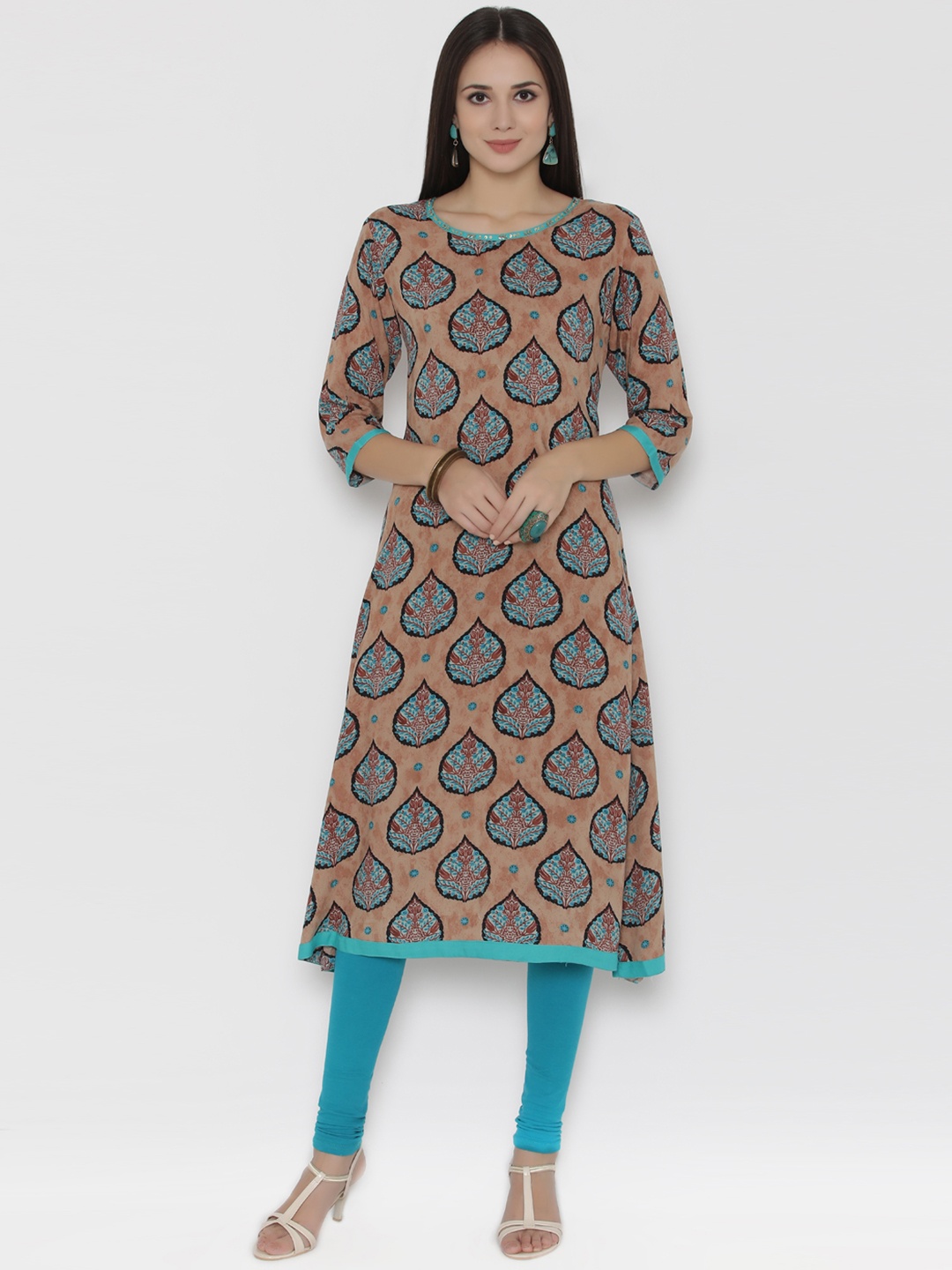 

Shree Women Beige & Teal Rayon Printed A-Line Kurta