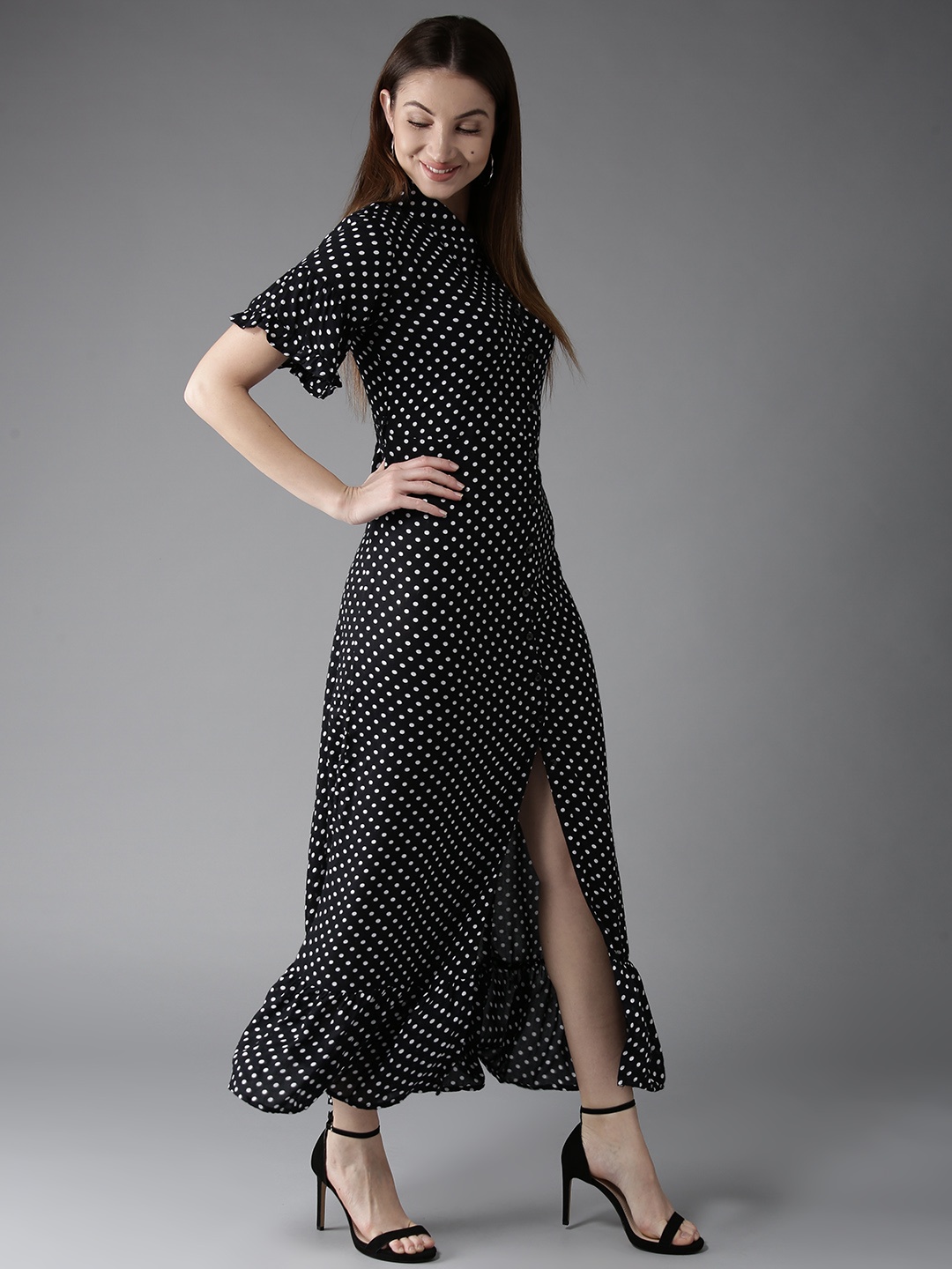 

HERE&NOW Women Black & White Polka Dot Ruffle Maxi Dress