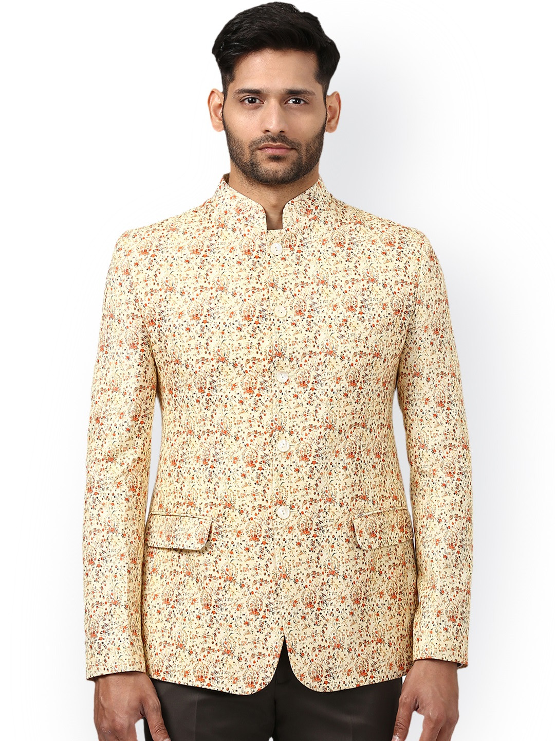 

ethnix by Raymond Men Beige Khadi Cotton Printed Slim Fit Ethnic Bandhgala Blazer