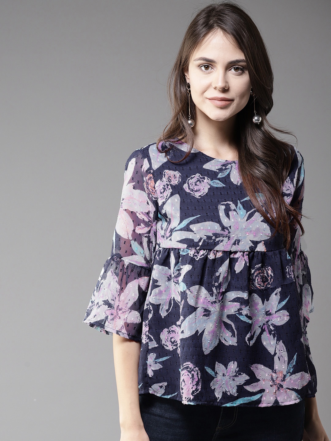 

Moda Rapido Women Navy Blue Printed Empire Top