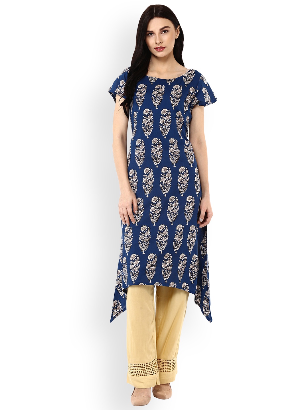 

Geroo Jaipur Indigo Hand Block Printed A-Line Pure Cotton Kurta, Blue
