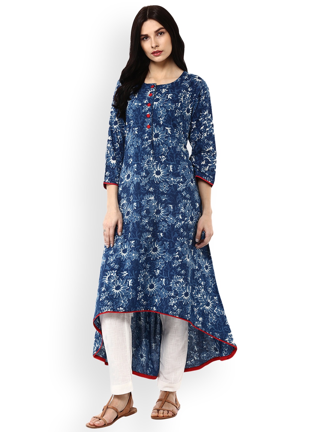 

Geroo Jaipur Indigo Hand Block Printed Asymmetrical Pure Cotton Kurta, Blue