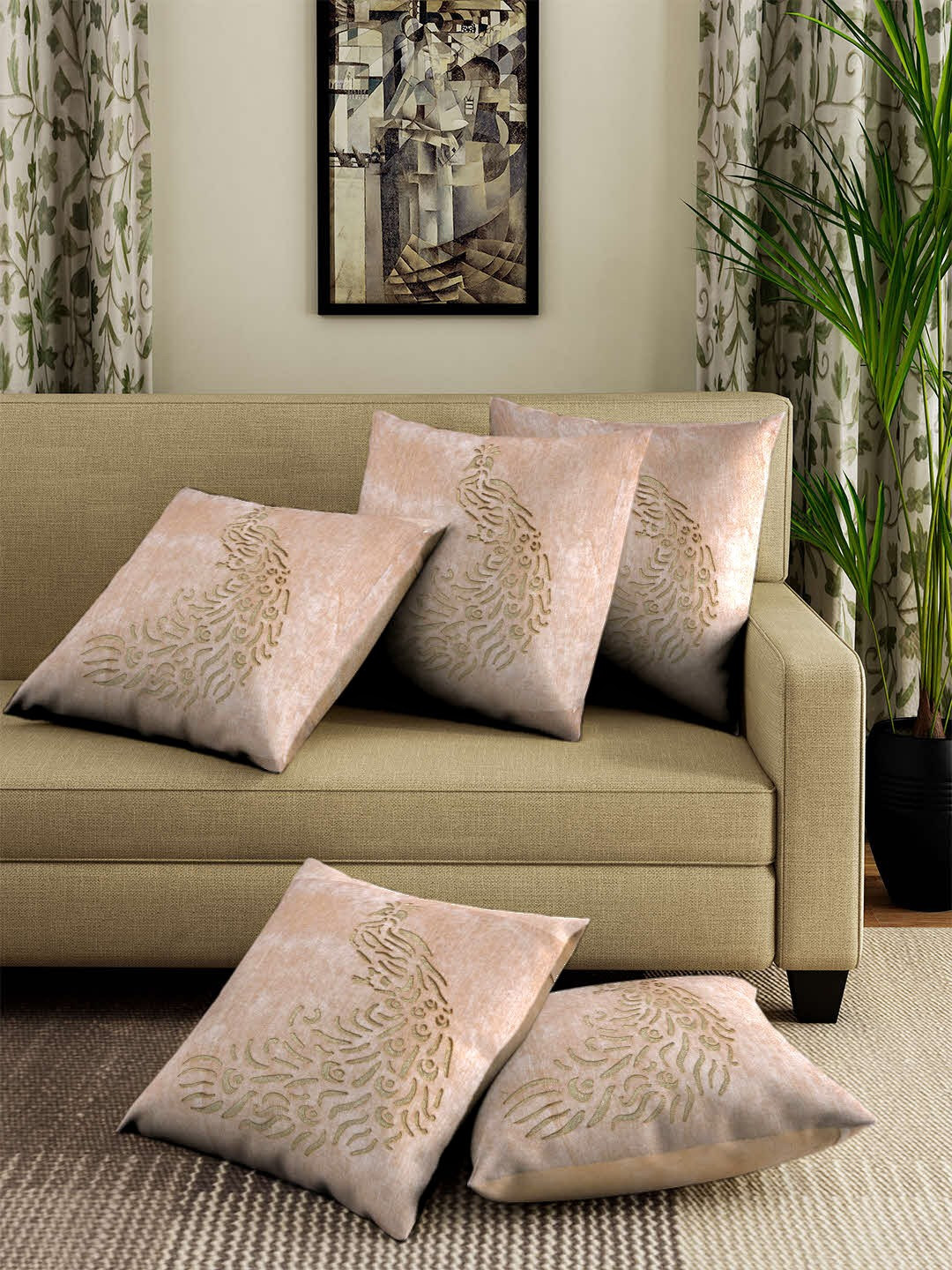 

ROMEE Beige Set of 5 Ethnic Motifs Square Cushion Covers
