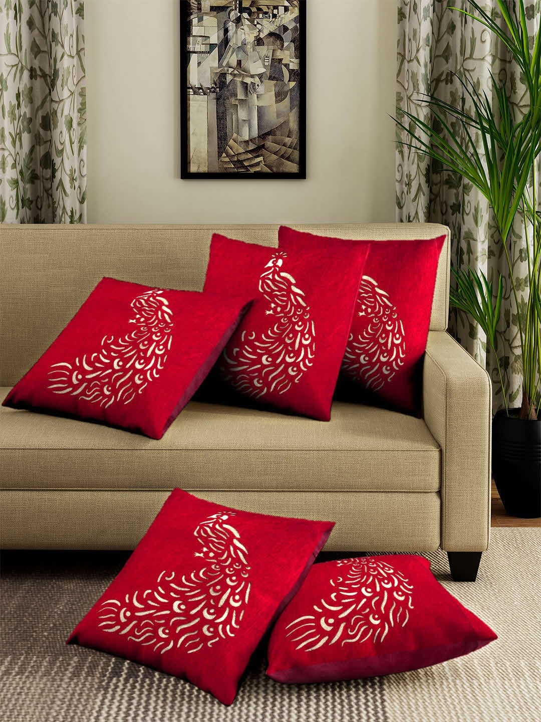 

ROMEE Red Set of 5 Ethnic Motifs Square Cushion Covers