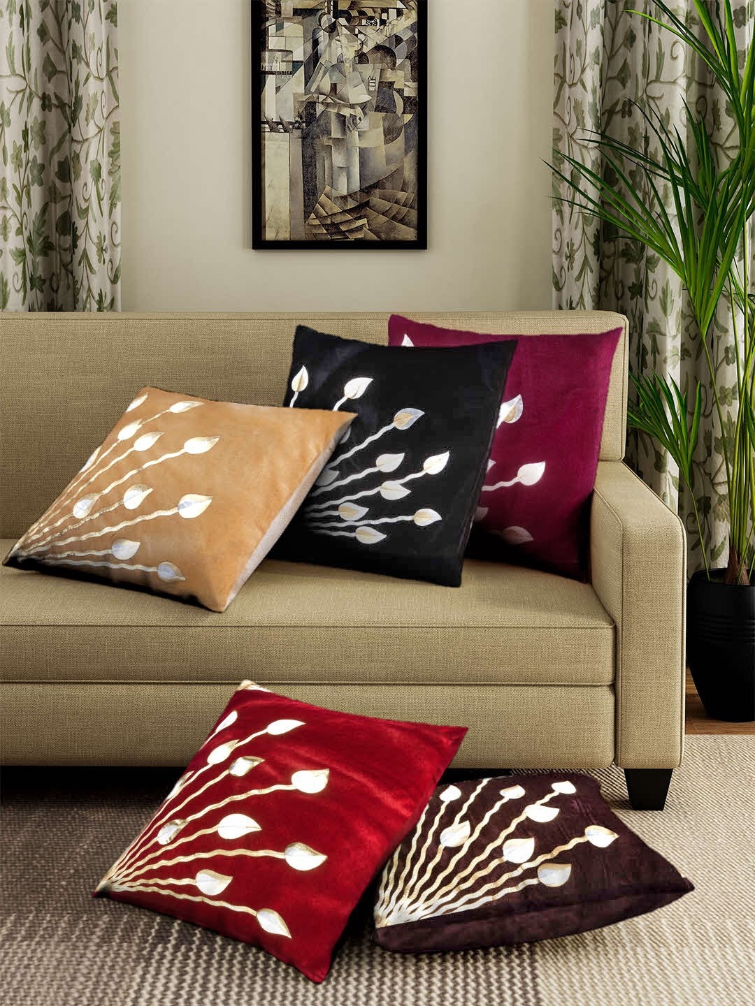 

ROMEE Multicoloured Set of 5 Floral Square Cushion Covers, Multi