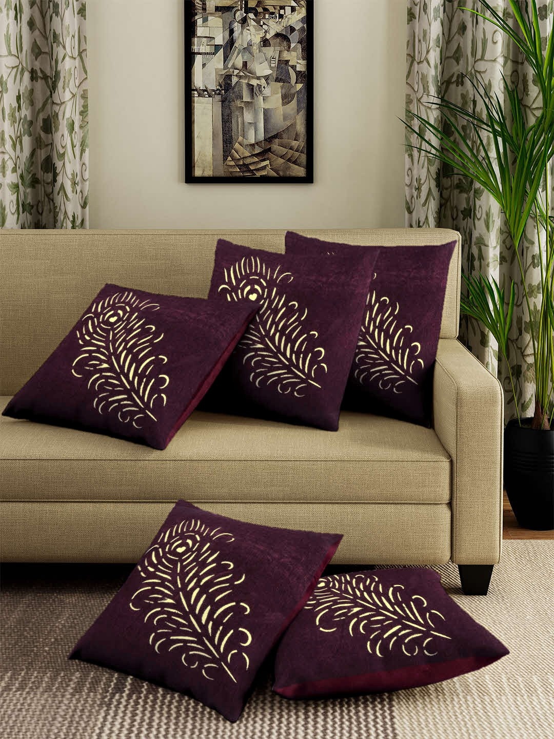 

ROMEE Purple Set of 5 Ethnic Motifs Square Cushion Covers