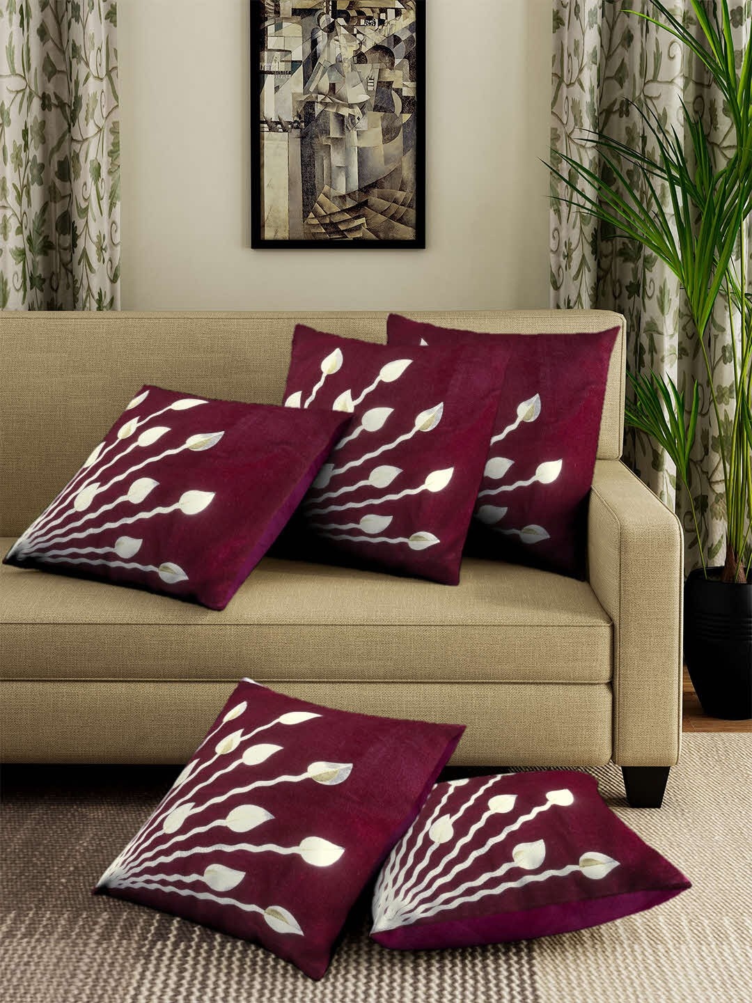 

ROMEE Burgundy Set of 5 Floral Square Cushion Covers