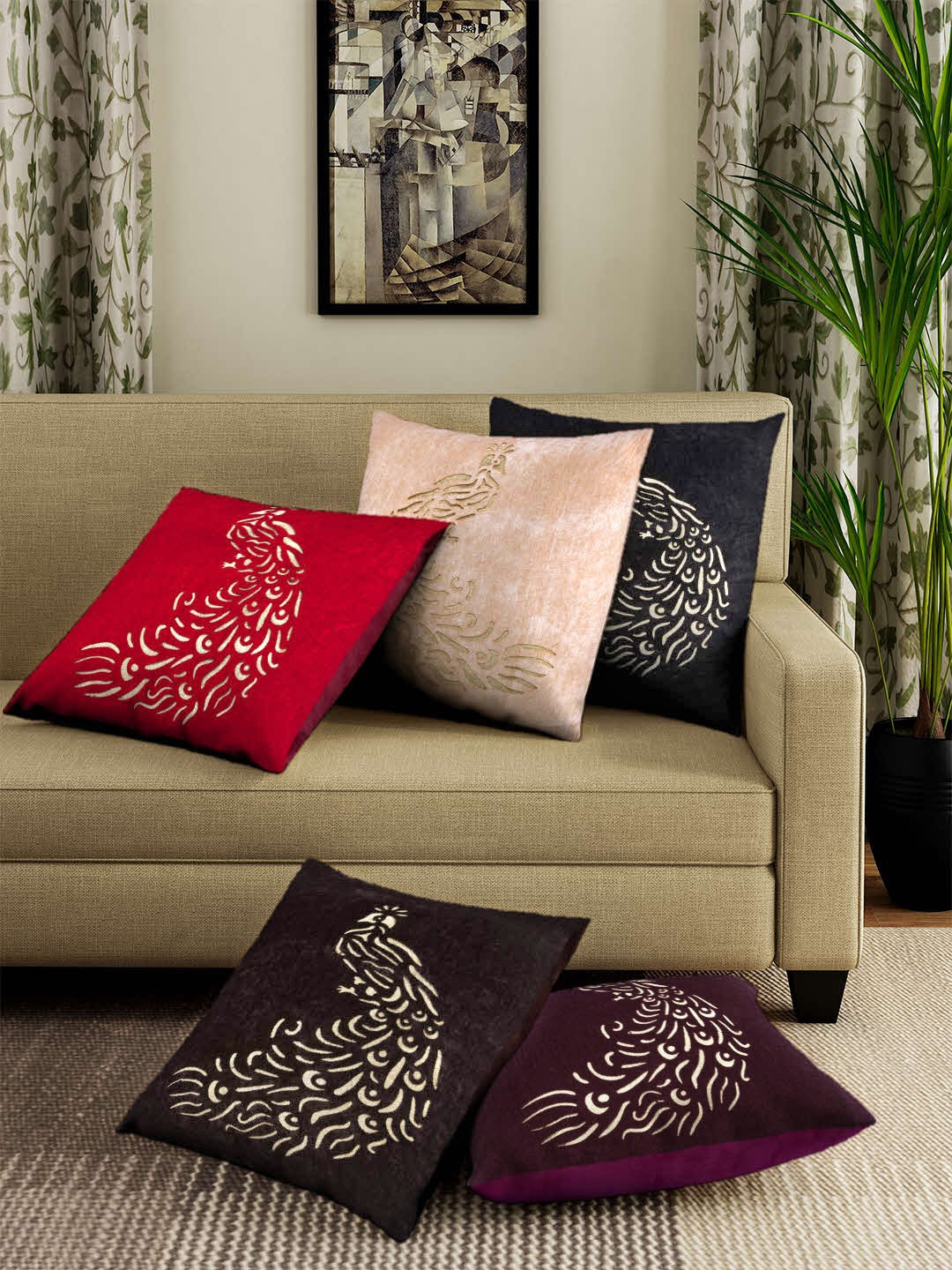 

ROMEE Multicoloured Set of 5 Ethnic Motifs Square Cushion Covers, Multi