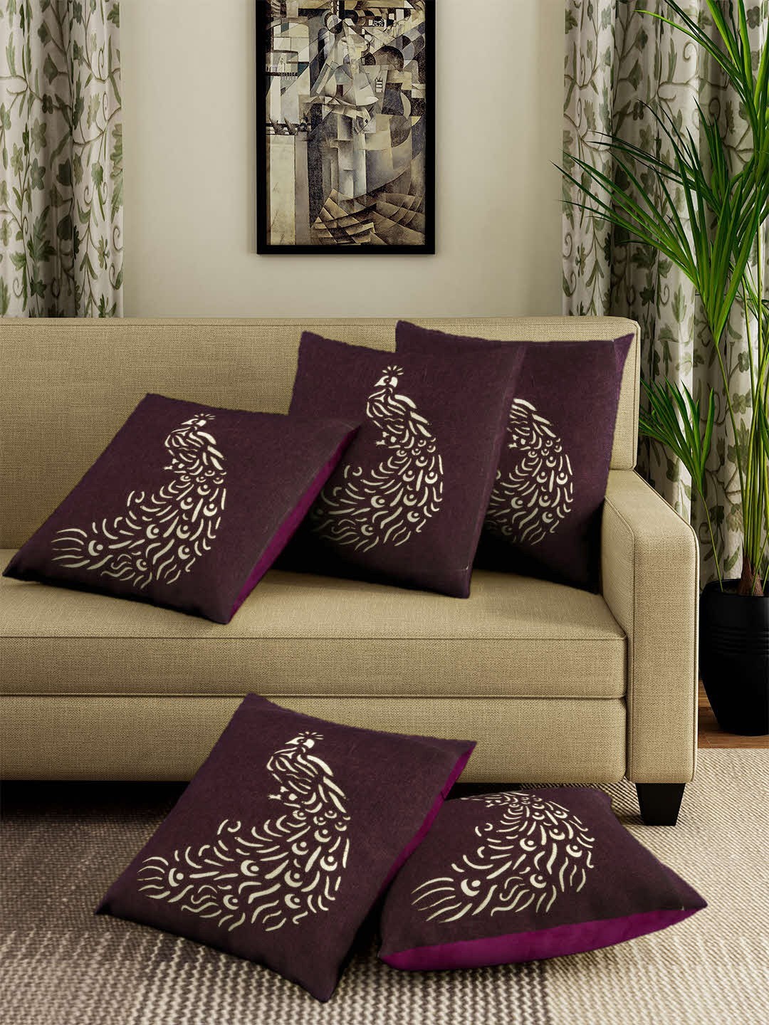 

ROMEE Purple Set of 5 Ethnic Motifs Square Cushion Covers