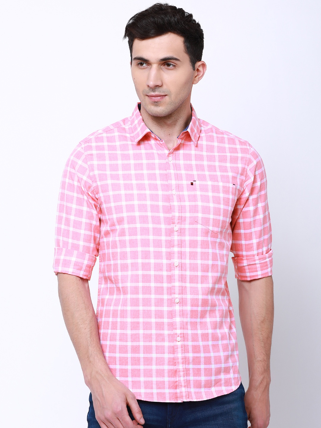 

Black coffee Men Pink & White Slim Fit Checked Casual Shirt