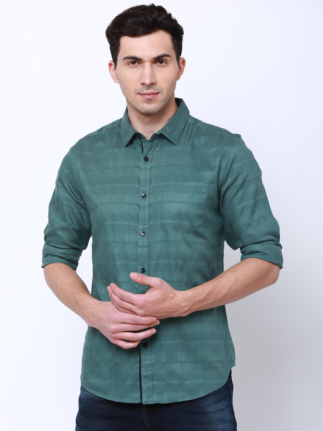 

Black coffee Men Green Slim Fit Checked Casual Shirt