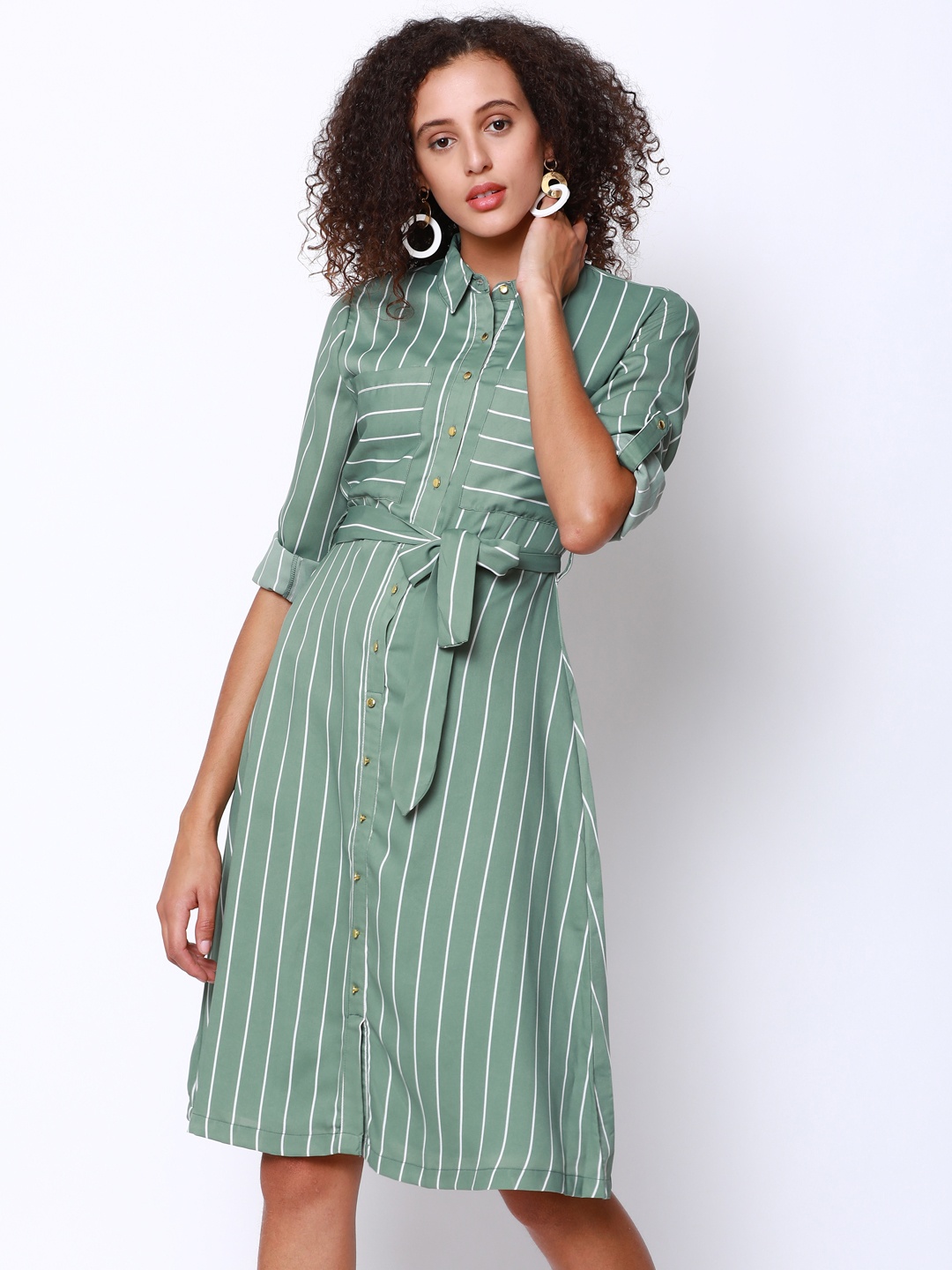 

Tokyo Talkies Women Green Striped Shirt Dress