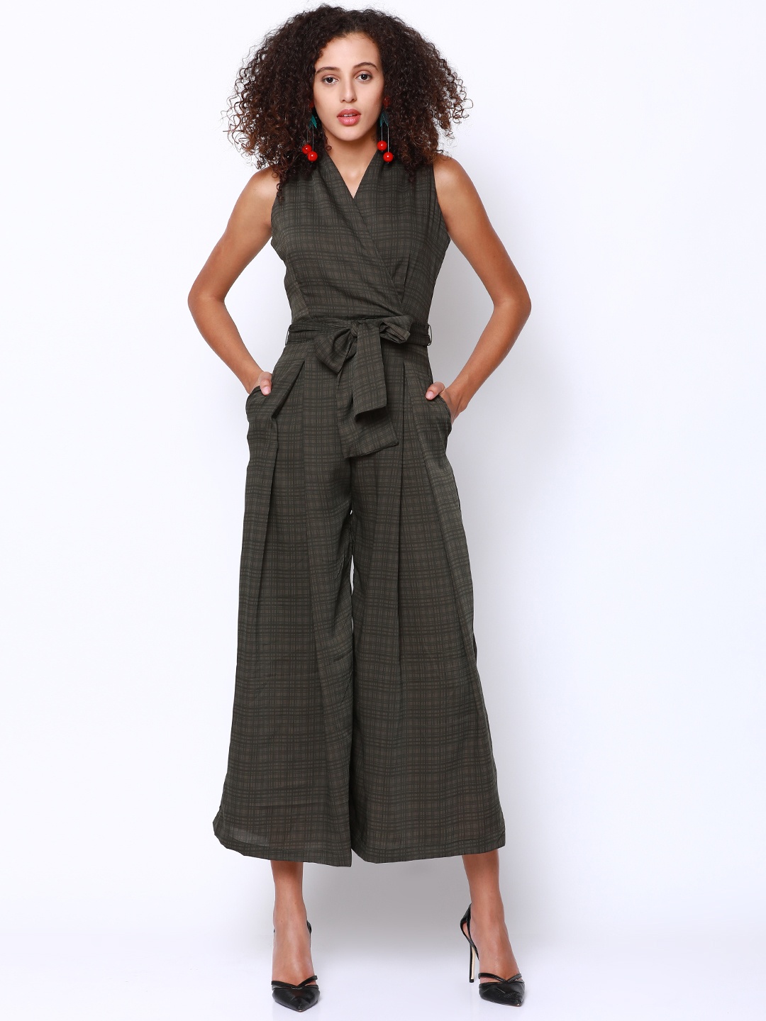 

Tokyo Talkies Olive Green & Grey Printed Basic Jumpsuit