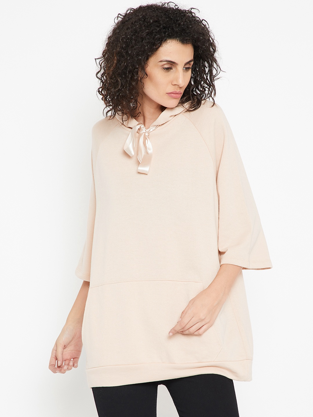 

FOREVER 21 Women Beige Solid Hooded Longline Sweatshirt