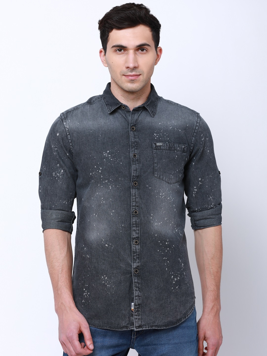 

LOCOMOTIVE Men Grey Denim Slim Fit Solid Casual Shirt