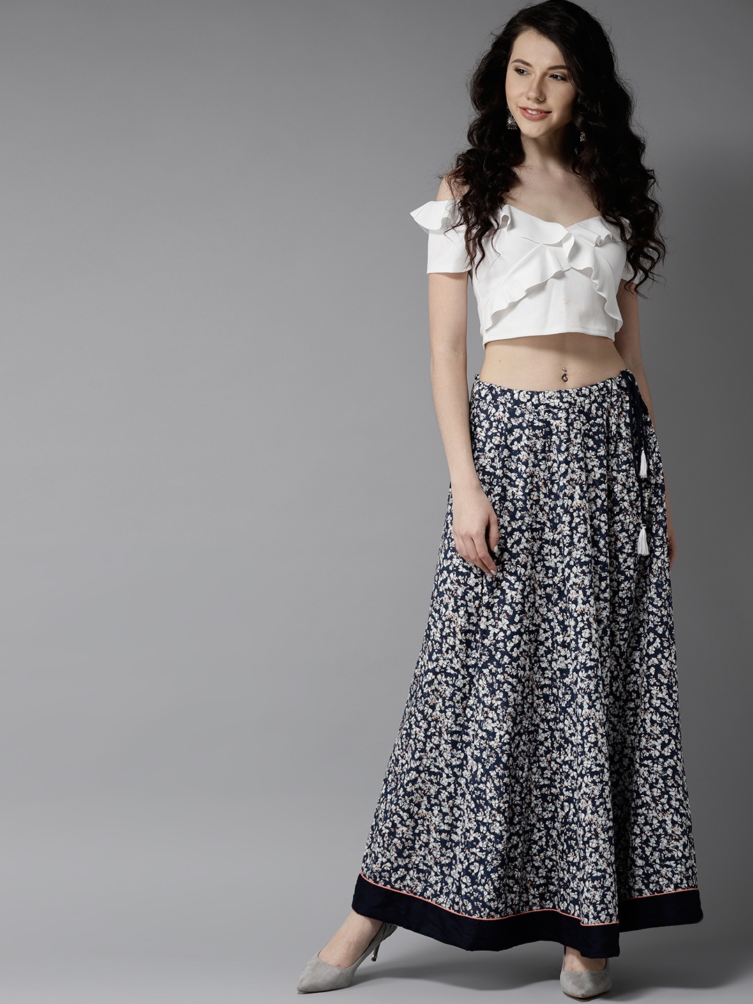 

HERE&NOW Navy Blue & White Floral Print Maxi Flared Skirt
