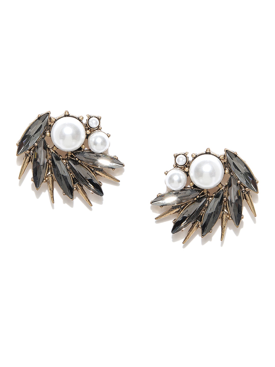 

OOMPH Antique Gold-Toned & Black Stone-Studded Handcrafted Oversized Studs