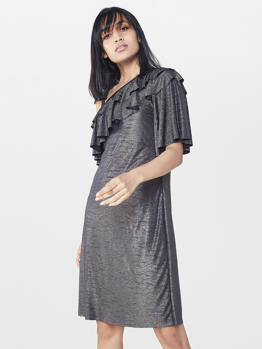 

AND Women Charcoal Grey Solid Sheen A-Line Dress