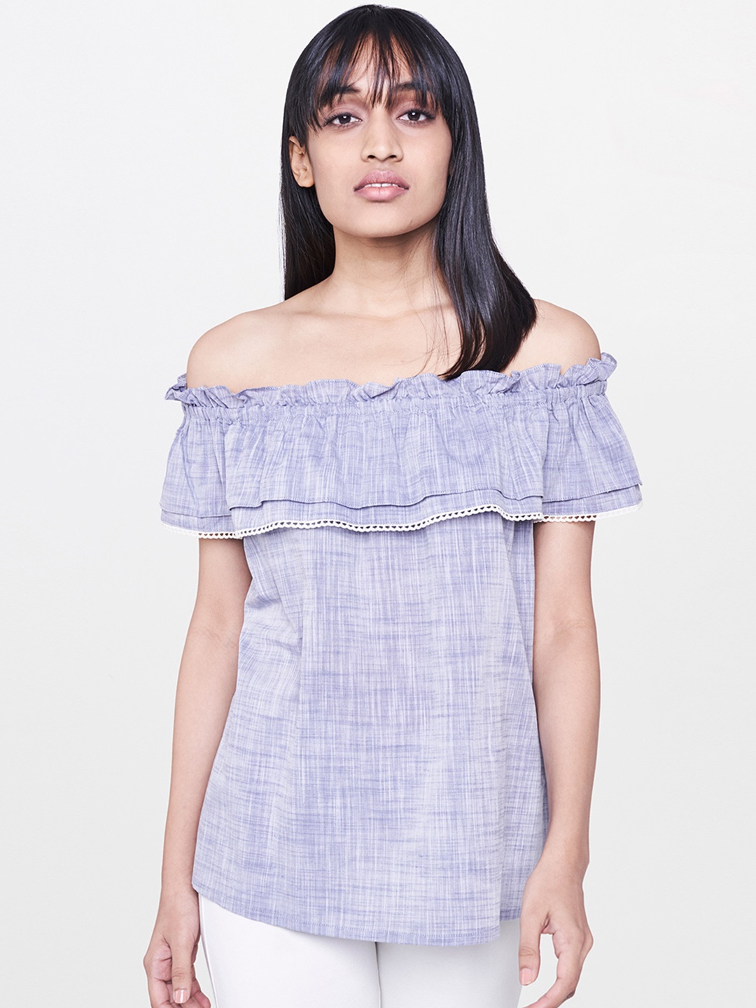 

AND Women Blue Solid Off-Shoulder Pure Cotton Top