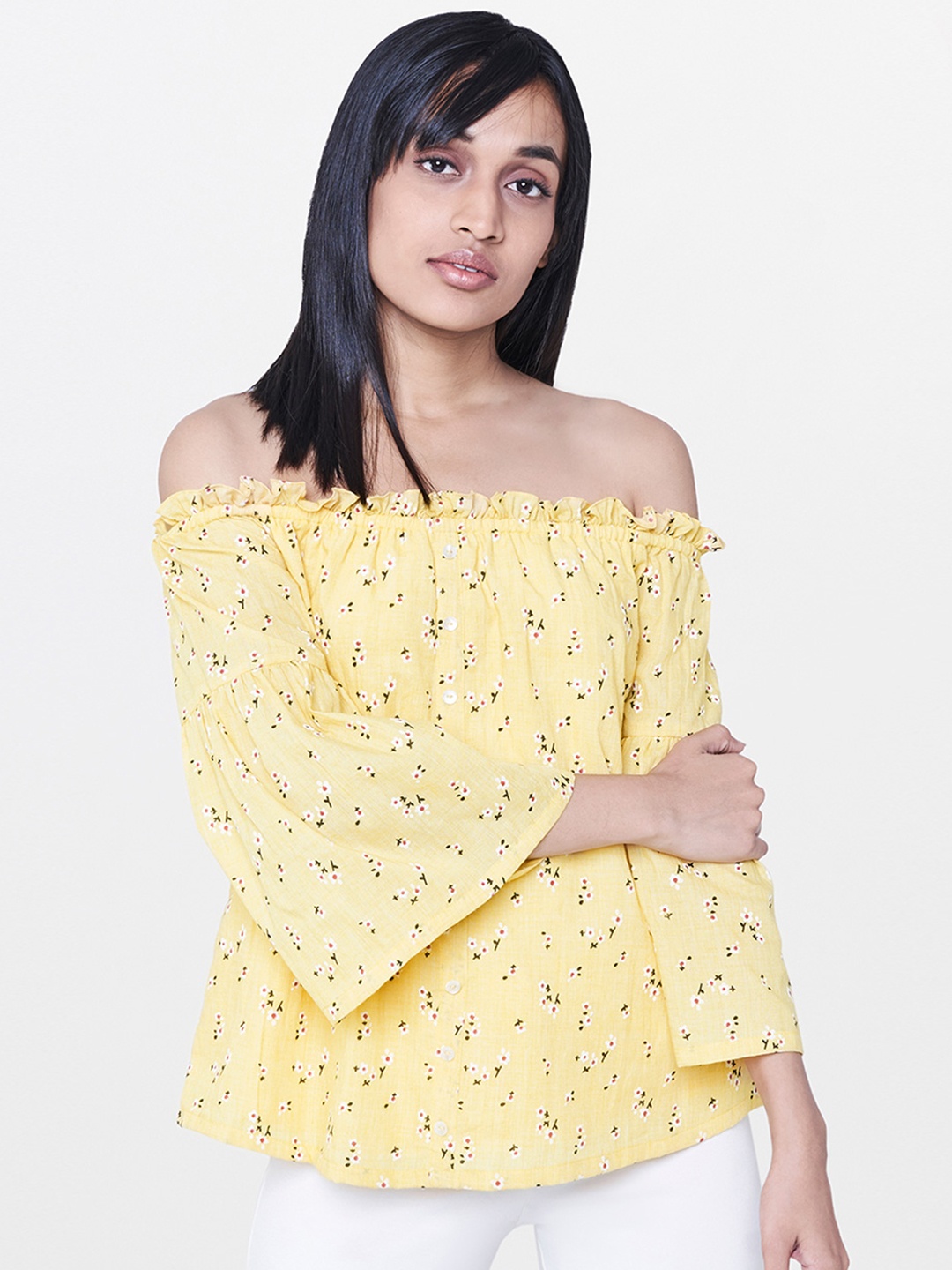 

AND Women Yellow Printed Bardot Top