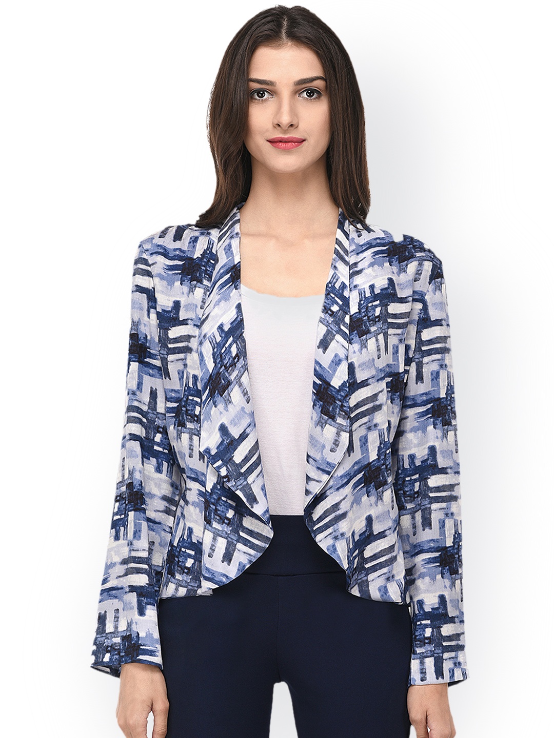 

PURYS Blue & White Printed Open Front Shrug