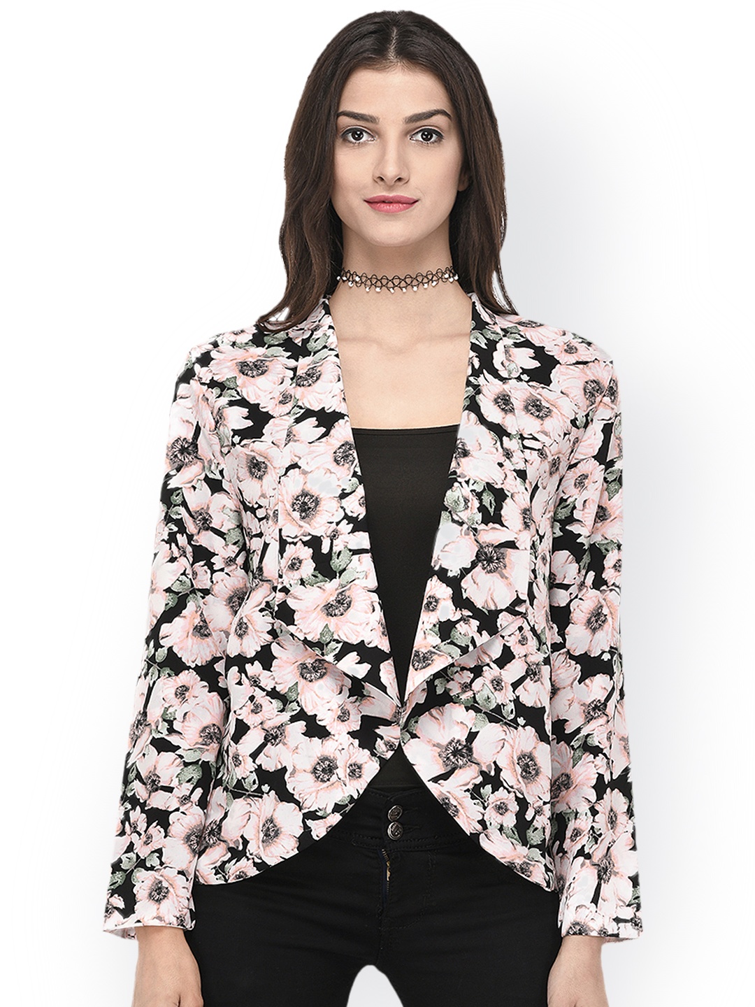

PURYS Black & Pink Printed Open Front Shrug